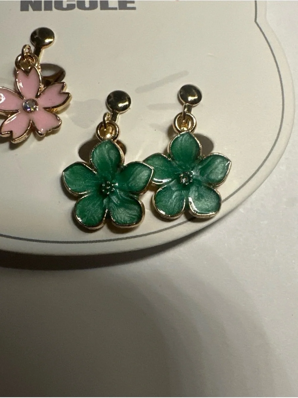 Nicole Kids Pink and Green Flower Dangle clip on earrings Earrings Set